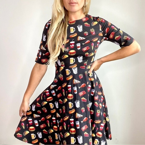 Retro Pinup Pizza, Hotdog, Burger, Chinese, Beer A Line Fit & Flare Dress - Picture 4 of 13